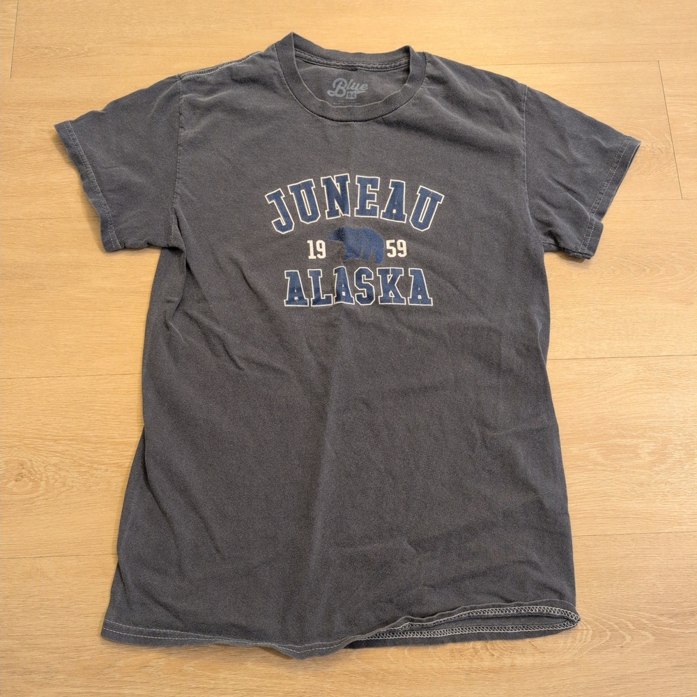 Blue 84 Juneau Alaska Bear Graphic T-Shirt Gray Women Small Hiking Faded